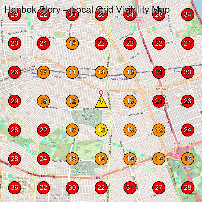 Hanbok Story GeoGrid visibility map for Dress Store in Mineola